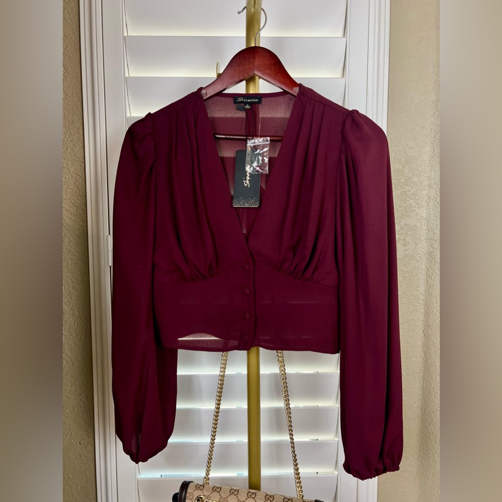 NWT~Burundy Balloon Sleeve Blouse Sz S, by Shinestar - Picture 5 of 9